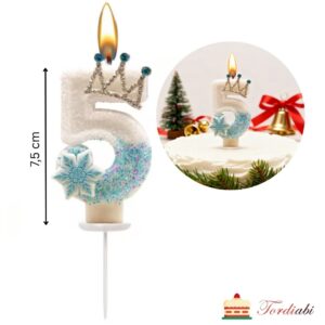 Tordiabi sädelev helesinine tordiküünal hõbedase kristallidest krooniga number 5